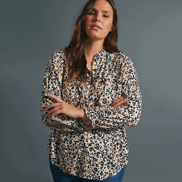 NWT Anthropologie Maeve Katia Leopard Print Ruffled Buttondown Top - Picture 2 of 7